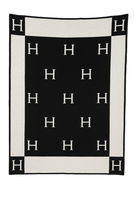 The Designer Paris Gift Set features a rectangular black and white cotton throw blanket with a border and grid of white "H" letters—ideal for custom design baskets or as a thoughtful gift set addition.