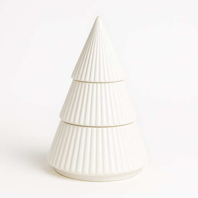 The Ceramic Tree Candle features a white, ribbed, cone-shaped design with three stackable sections resembling a stylized Christmas tree—perfect for adding holiday charm. Shown on a plain white background.