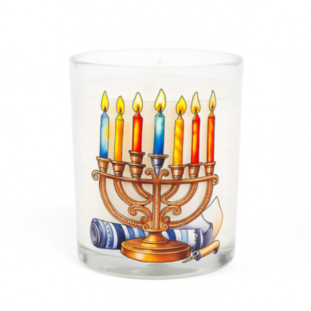 The Menorah Candle is a glass holder featuring a lit Menorah and scroll illustration, perfect as hand-poured Hanukkah décor.