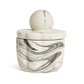 Small round reusable candle jar with a marbled black and white design and a matching lid with a spherical handle—perfect for holding your Double Wick Marble Luxe Candle or any natural soy candle.