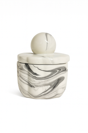 Small round reusable candle jar with a marbled black and white design and a matching lid with a spherical handle—perfect for holding your Double Wick Marble Luxe Candle or any natural soy candle.