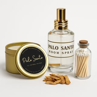 The Palo Santo Box Set includes a tin candle, a Palo Santo room spray, matches in a small jar, and several pieces of Palo Santo wood arranged on a white surface.