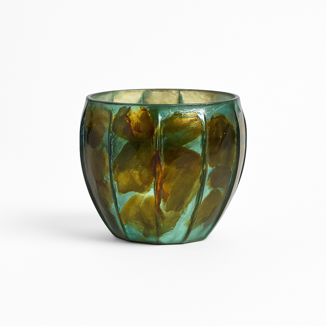 The Aqua Glow Candle is a hand-poured soy candle in a round glass vessel with green and gold mottled patterns, vertical ridges, and a smooth rim, displayed against a white background.