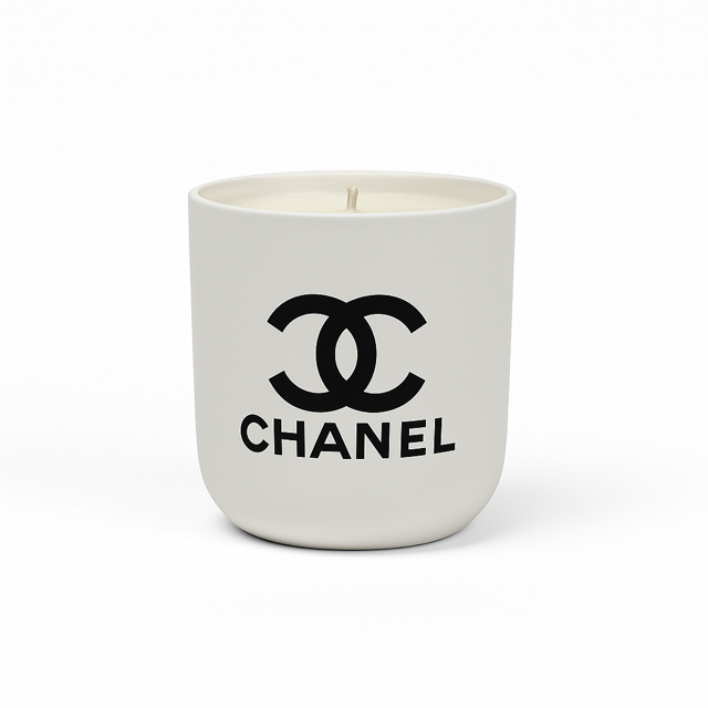 The Designer Ceramic Candle is a white soy candle in a ceramic cup featuring the black Chanel logo and brand name on the front, displayed against a plain white background.