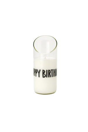 The Quoted - Recycled Cut Wine Bottles features a white "HAPPY BIRTHDAY" candle in a clear glass holder with black text. Its slanted-top design, resembling recycled wine bottles, adds a unique touch to any celebration.