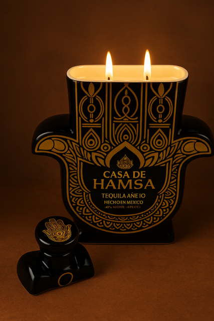 A black and gold Casa de Hamsa Añejo Tequila Candle, shaped like a Hamsa with two lit wicks and a matching stopper, rests on a brown background. Its label reads "Casa de Hamsa Tequila Añejo, Hecho en México.”.