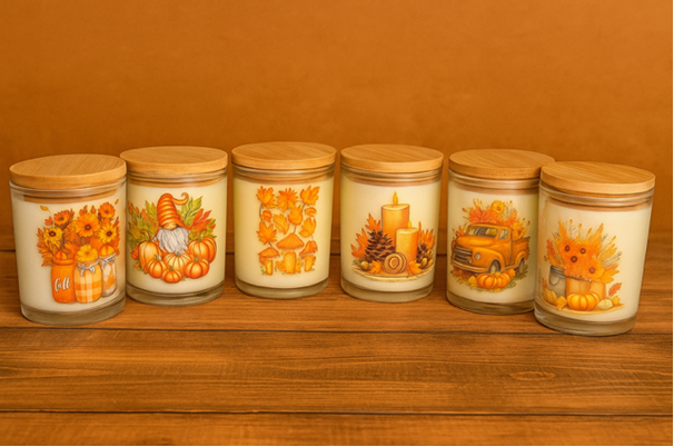 Six glass jars with wooden lids from the Fall Harvest Candle Collection feature autumn designs—sunflowers, pumpkins, candles, and a truck on a brown background—perfect for displaying your favorite hand-poured or Fall Harvest Candle.