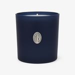 The Boxed Blessed Mother Candle is hand-poured with coconut-apricot wax in a navy matte glass, featuring a silver religious medallion, for a serene and scented experience.