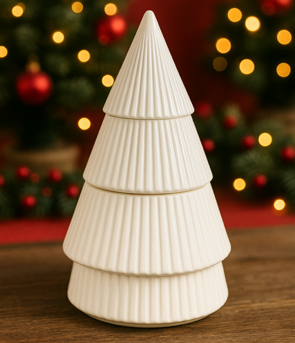 The Ceramic Tree Candle, a hand-poured white ceramic candle, rests on a wooden surface as both décor and keepsake, with blurred holiday lights twinkling in the background.