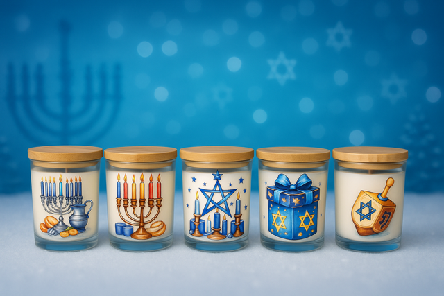 Assorted Hanukkah Candle set: five glass jars with wooden lids, each adorned with Hanukkah-themed illustrations like menorahs, candles, gift boxes, and a dreidel—perfect festive holiday gifts against a blue background.
