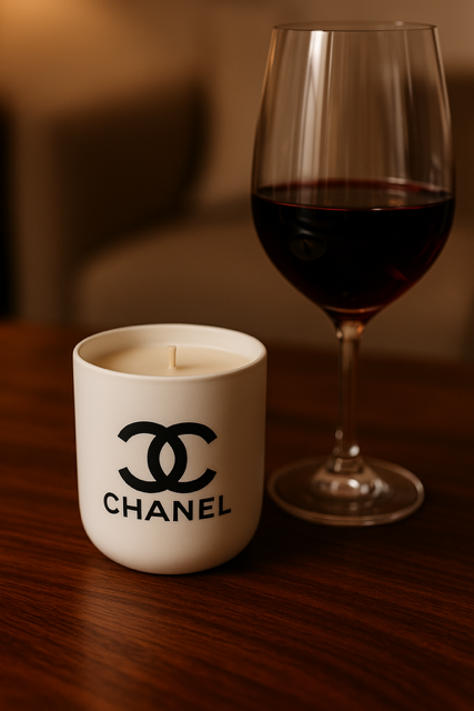 A Designer Ceramic Candle sits on a wooden surface next to a glass of red wine.
