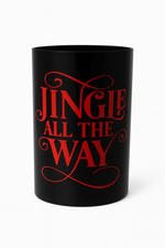 The "Jingle All The Way" 3 Wick Candle is a festive black candle with bold red decorative lettering, ideal for adding holiday cheer to your home or gifting to someone special.