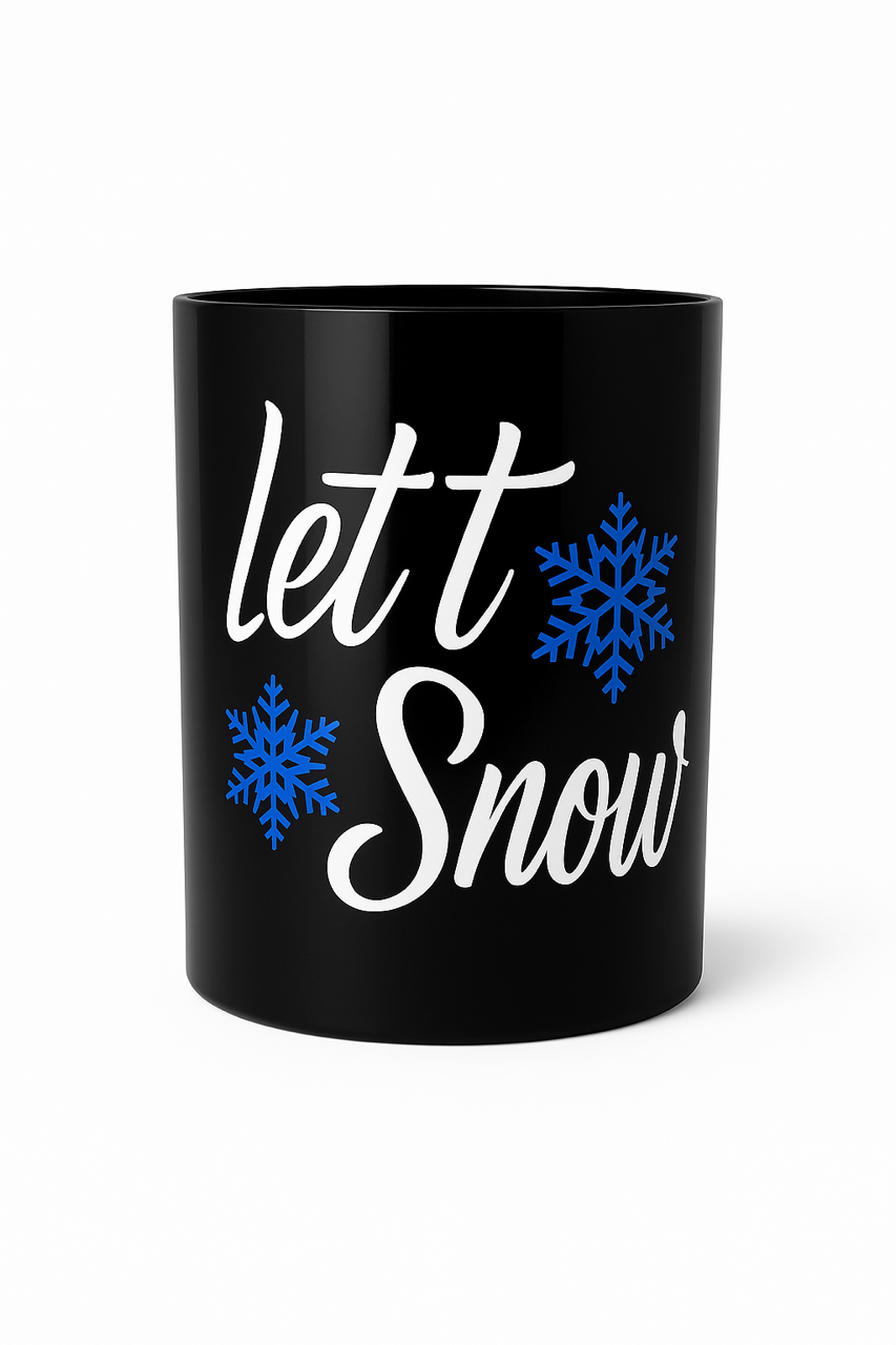 Inspired by our "Let It Snow" 3 Wick Candle, this black mug features "let it Snow" in white script and two blue snowflakes on the front for cozy winter vibes.