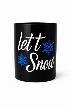 Inspired by our "Let It Snow" 3 Wick Candle, this black mug features "let it Snow" in white script and two blue snowflakes on the front for cozy winter vibes.