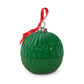The Christmas Ornament Candle features a green, textured surface with a silver cap and red ribbon loop. Crafted from coconut apricot wax, it is displayed against a white background.
