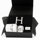 The Designer Paris Gift Set includes a black Hermes cotton throw, white Hermes candle, silver cup, and small "Paris" box in a sleek black box—ideal for luxury gifts or custom baskets.