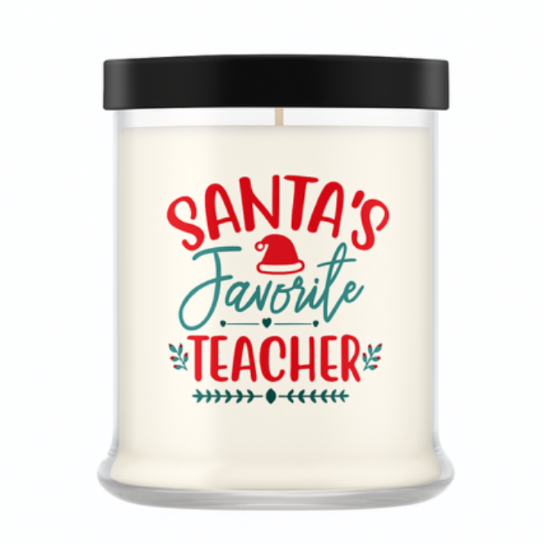 The Santa's Favorite Teacher Candle with Matches features natural white wax in a clear glass jar with a black lid. The label reads "Santa's Favorite Teacher" in red and green with a Santa hat—an ideal holiday teacher gift.