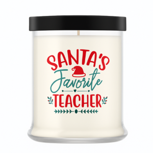 The Santa's Favorite Teacher Candle with Matches features natural white wax in a clear glass jar with a black lid. The label reads "Santa's Favorite Teacher" in red and green with a Santa hat—an ideal holiday teacher gift.