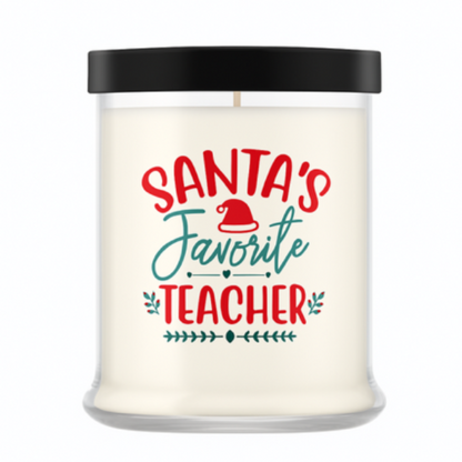 The Santa's Favorite Teacher Candle with Matches features natural white wax in a clear glass jar with a black lid. The label reads "Santa's Favorite Teacher" in red and green with a Santa hat—an ideal holiday teacher gift.