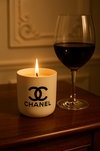 A lit Designer Ceramic Candle and a glass of red wine rest on a wooden surface, set against an ornate wall background.