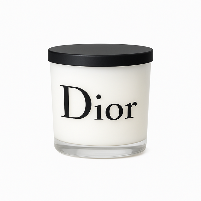 The Designer Glass Candle features white soy wax in a clear reusable glass jar with a black lid, and "Dior" printed in bold black letters on the front.