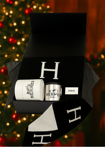 The Designer Paris Gift Set includes a black gift box with a mug, candle, soap, and scarf, displayed before a festive Christmas tree. Ideal for holiday gifting or adding to custom baskets for an elegant touch.
