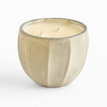 The Frosted Pearl Candle is a beige, round, three-wick candle in a textured, lightly ribbed container, shown on a white background.