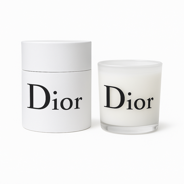 A white cylindrical Designer Glass Candle and its matching box are displayed side by side against a white background, highlighting the elegant, reusable candle jar.