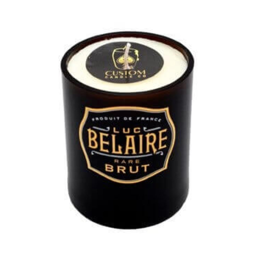 The Recycled Champagne Candle – Luc Belaire Rare Brut features a hand poured soy wax in a black Luc Belaire Rare Brut jar with a Custom Candle Co. lid, combining stylish design and eco-friendly materials against a white background.