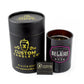 The Recycled Champagne Candle – Luc Belaire Rare Rose, in a black custom container with a branded matchbox, is hand-poured from a recycled champagne bottle and displayed against a white background.