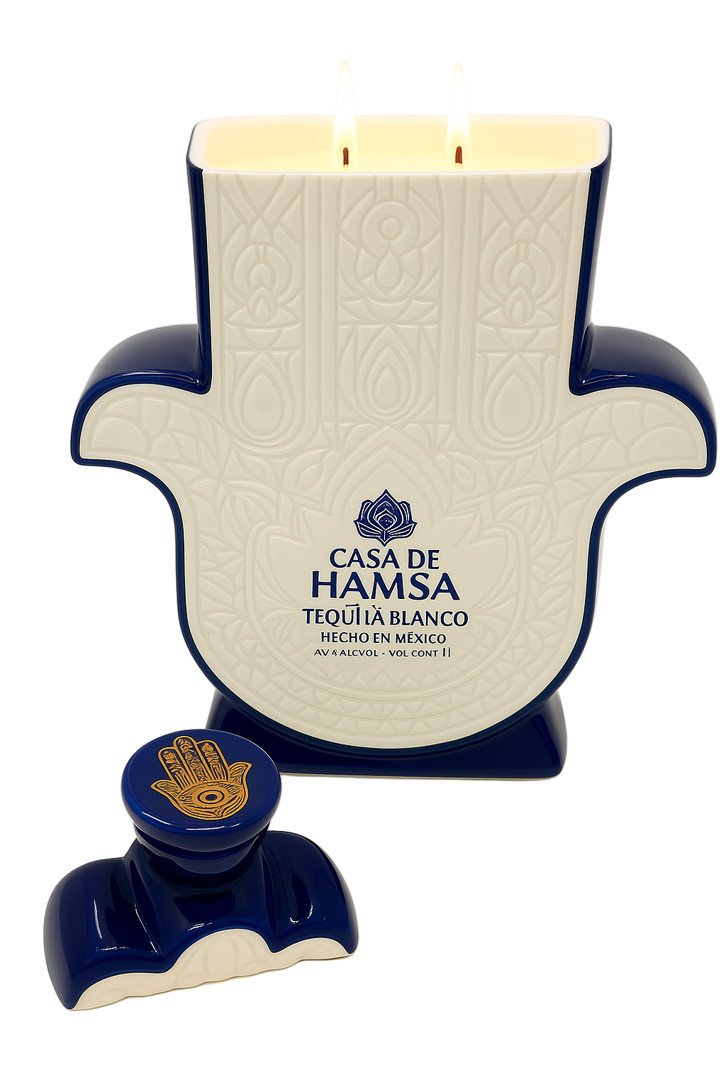 Casa de Hamsa Blanco Tequila Candle—Hamsa-shaped bottle with intricate patterns and a matching stopper, ideal as a unique Hamsa hand candle holder or striking decor piece.