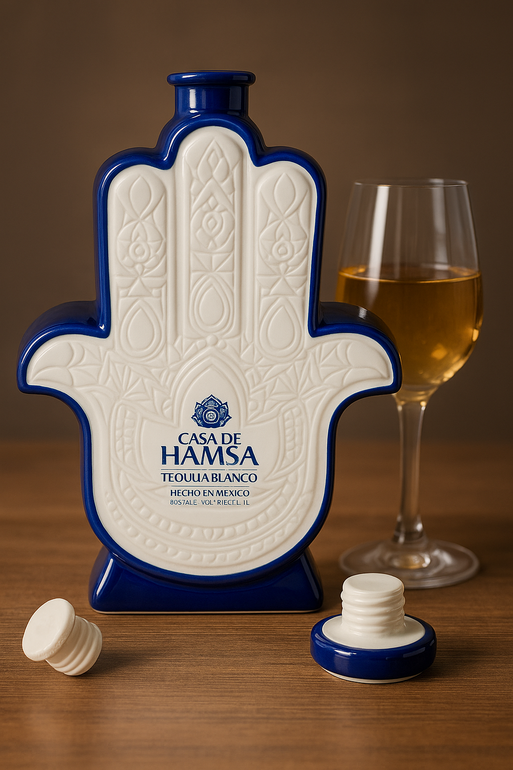 A Casa de Hamsa Blanco Tequila Candle, shaped like a Hamsa hand, sits beside a filled wine glass and a bottle cap on a wooden surface.