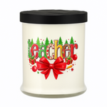 The Teacher's Christmas Candle with Matches is a white candle jar with a black lid, featuring “teacher” in festive designs like trees, ornaments, and a red bow. This refillable candle makes the perfect holiday gift for teachers.