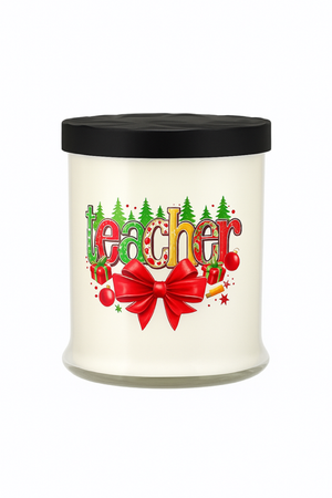 The Teacher's Christmas Candle with Matches is a white candle jar with a black lid, featuring “teacher” in festive designs like trees, ornaments, and a red bow. This refillable candle makes the perfect holiday gift for teachers.
