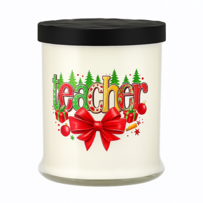 The Teacher's Christmas Candle with Matches is a white candle jar with a black lid, featuring “teacher” in festive designs like trees, ornaments, and a red bow. This refillable candle makes the perfect holiday gift for teachers.