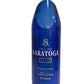 A 20 fl oz (591 mL) blue glass bottle of Saratoga Still Natural Spring Water, featuring white text and a silver cap—great for upcycled decor or creating eco-friendly candles like the Saratoga Water Recycle Candle.