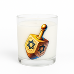 The Dreidel Candle is a white candle in a clear glass holder with a dreidel and Star of David design—an ideal Hanukkah decoration for your home.