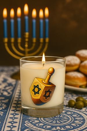 A Dreidel Candle, hand-poured in glass with a dreidel motif, sits on a patterned cloth; a menorah and donuts add festive Hanukkah ambiance in the background.