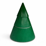 The Green Ceramic Christmas Tree Candle is a ribbed, tiered, cone-shaped ceramic candle resembling a stylized tree—perfect as a decorative keepsake. Shown against a white background.