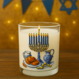 The Hanukkiah Candle is a hand-poured candle in a glass jar featuring menorah, challah, jugs, and dreidel designs, set against festive blue and gold Hanukkah décor.