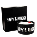 The "Happy Birthday" Candle Gift Box Set features a black candle container and matching gift box, both with "HAPPY BIRTHDAY" in bold white letters.
