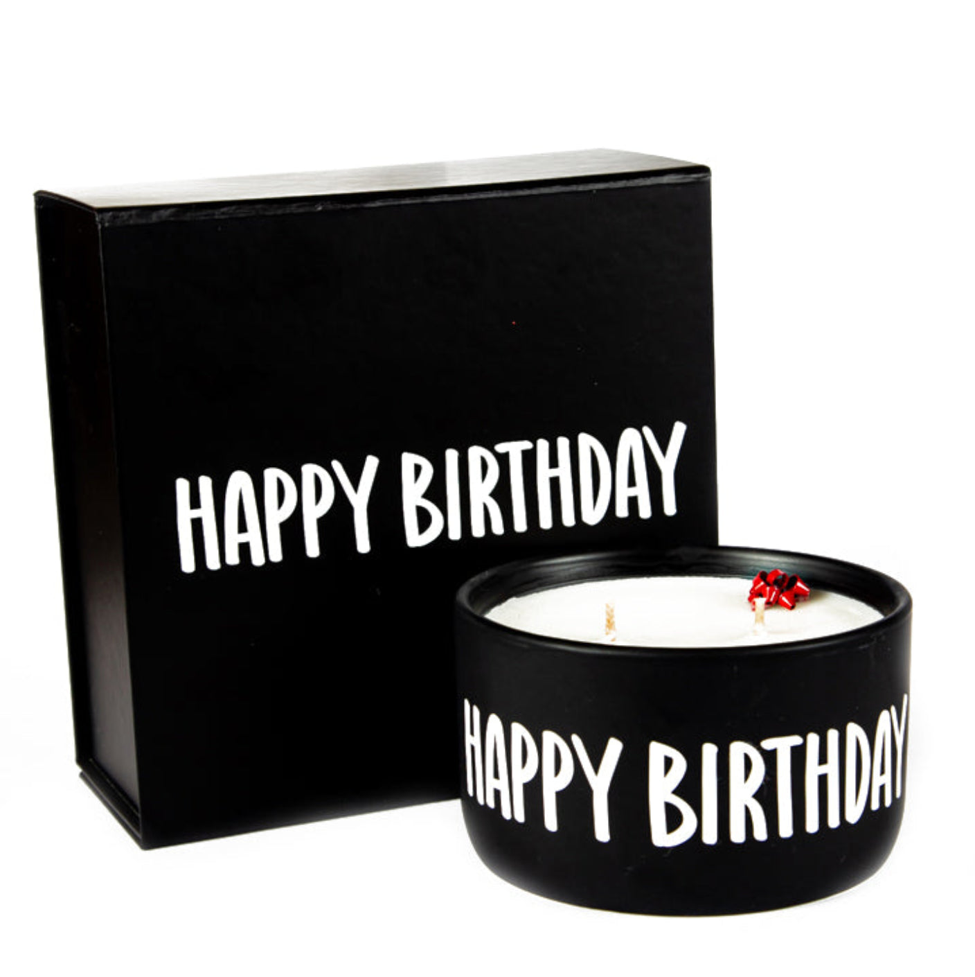 The "Happy Birthday" Candle Gift Box Set features a black candle container and matching gift box, both with "HAPPY BIRTHDAY" in bold white letters.