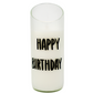The “Happy Birthday” Recycled Curve Cut Candle is made from natural wax and set in a glass holder crafted from a recycled wine bottle, featuring "HAPPY BIRTHDAY" printed in black letters.