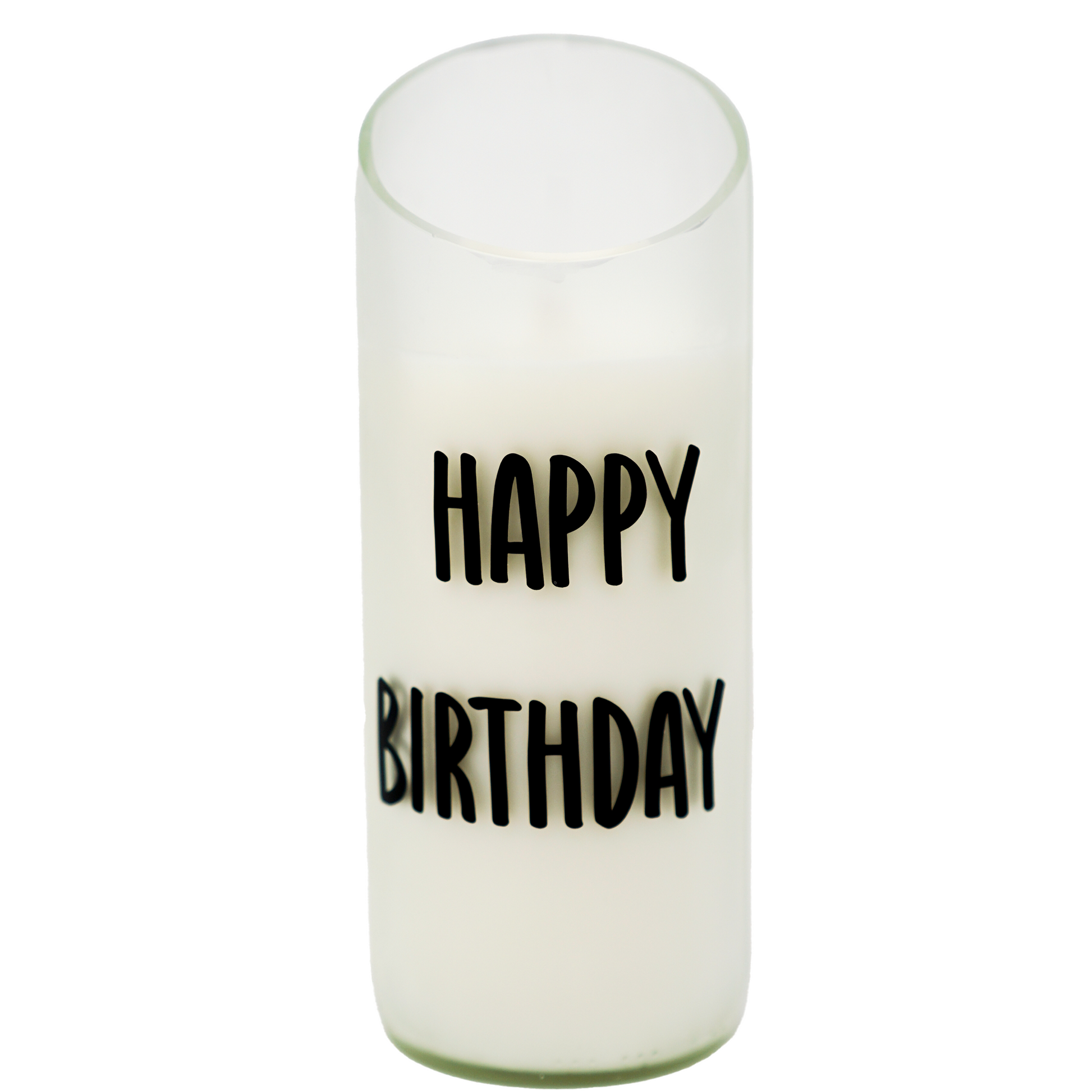 The “Happy Birthday” Recycled Curve Cut Candle is made from natural wax and set in a glass holder crafted from a recycled wine bottle, featuring "HAPPY BIRTHDAY" printed in black letters.