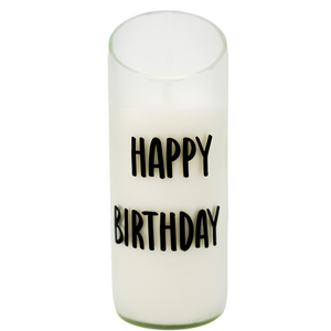 The “Happy Birthday” Recycled Curve Cut Candle is made from natural wax and set in a glass holder crafted from a recycled wine bottle, featuring "HAPPY BIRTHDAY" printed in black letters.