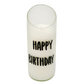 The "Happy Birthday" Recycled Curve Cut Candle is a white natural wax candle in a recycled wine bottle glass, printed with "Happy Birthday" in black on the front.