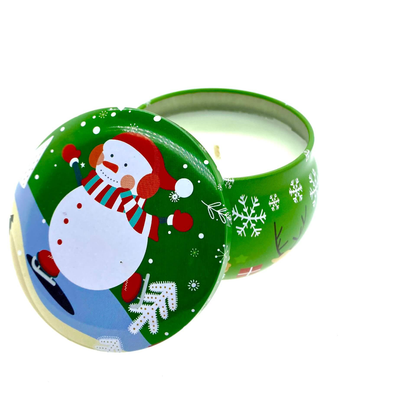 Green Snowman Holiday Tin Candle – Balsam Scent