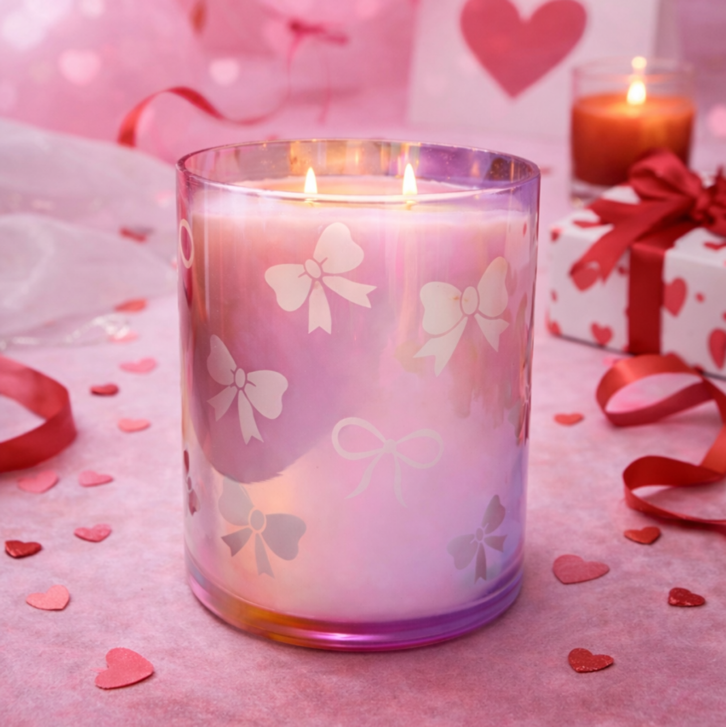 Iridescent Bow Candle with pink bow design on a pink background with balloons and hearts