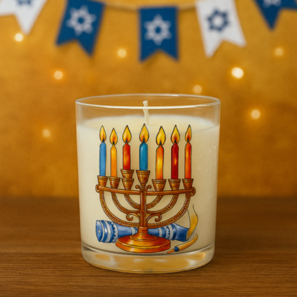 The Menorah Candle is a glass candle holder with menorah and dreidel designs, displayed on wood with hand-poured candles and Hanukkah décor in the background.