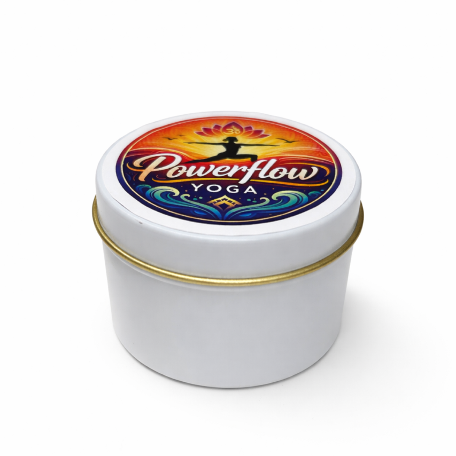 The Powerflow Yoga - Promotional Tin Candle comes in a round white tin with a gold rim and colorful label, making it an ideal keepsake or promotional item, shown here against a plain white background.